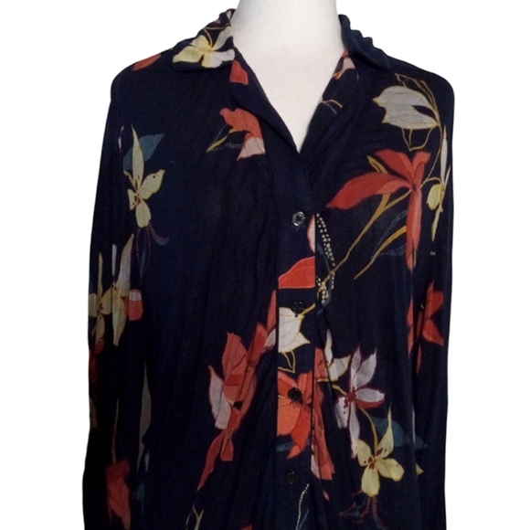 Soma Floral Navy Blue Button Semi Ruched Front Long Sleeve Blouse Cover Up Small - Picture 2 of 7